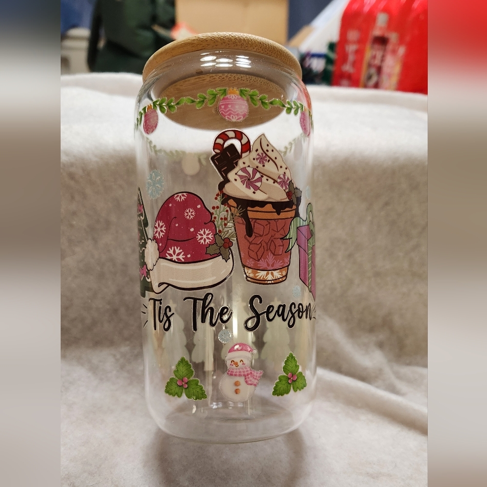 Christmas Glass Tumbler w/ Glass Straw